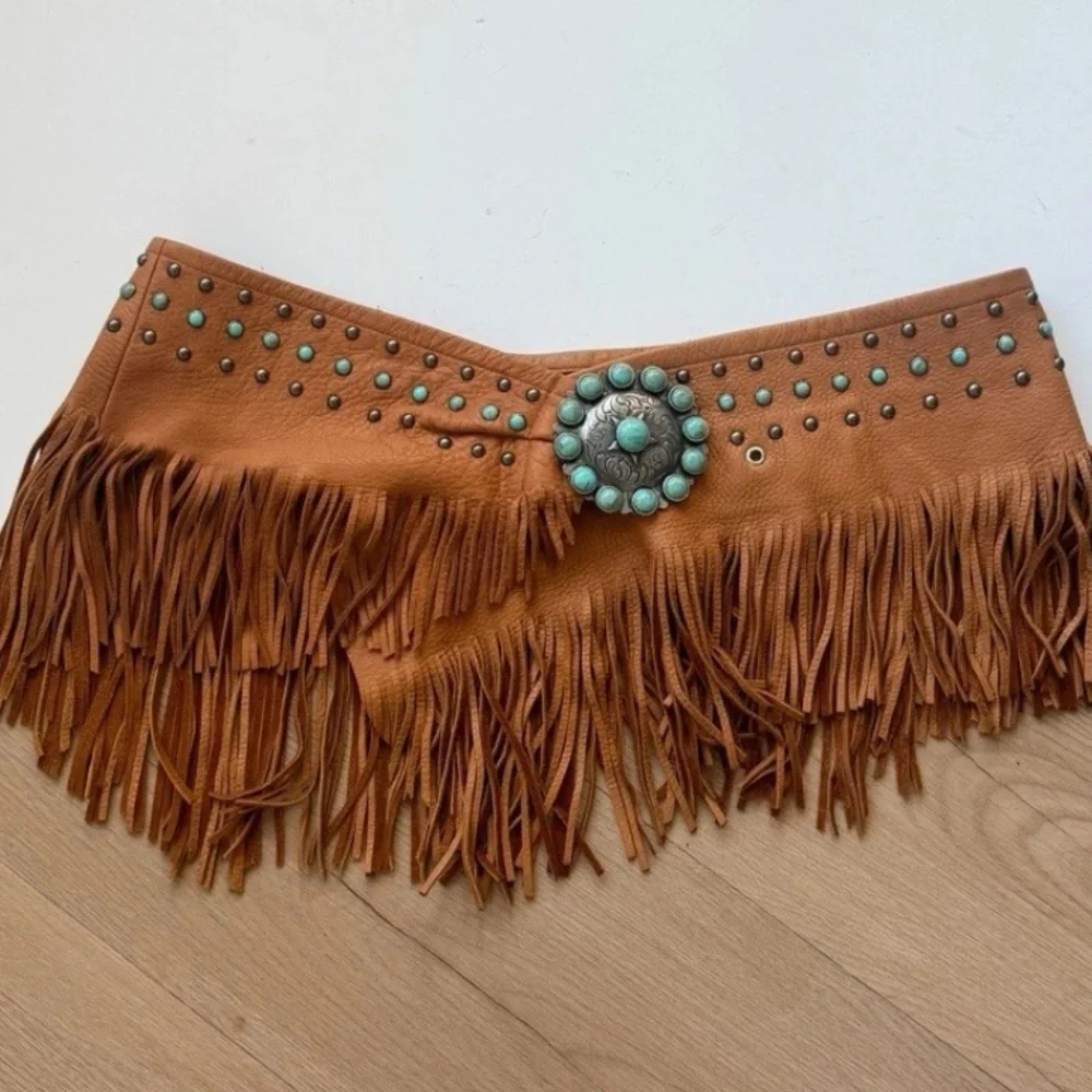 Tan Fringe Leather Waist Belt with Turquoise Accent